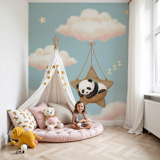 Kids-Mundo panda sleeping in a star basket wall mural in a soft nursery room