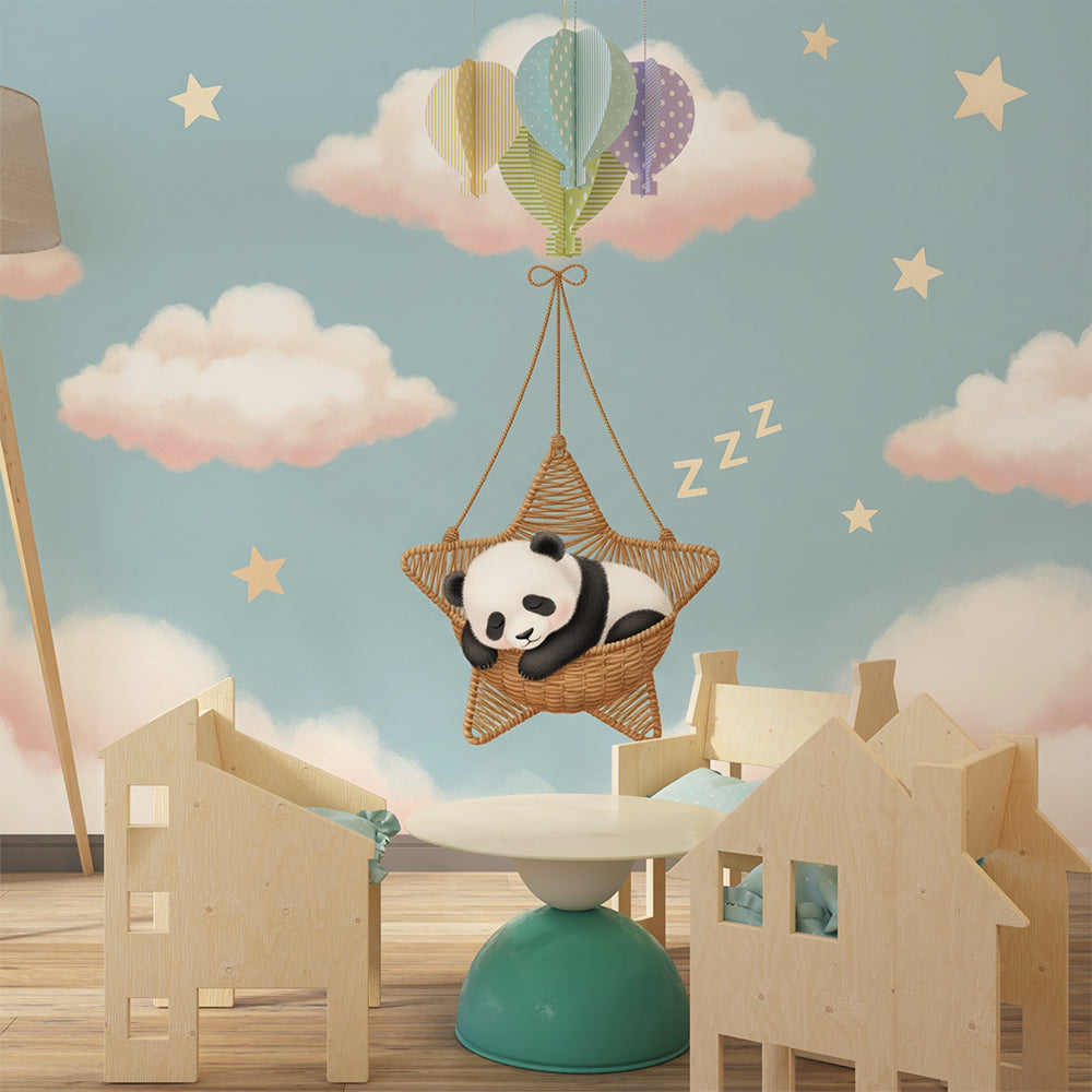 Kids-Mundo panda star basket wall mural brightening a dreamy playroom wall