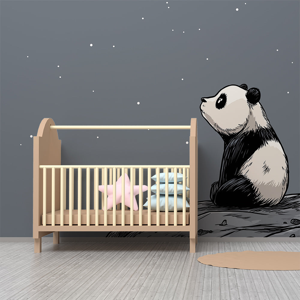 Kids-Mundo starry night panda mural wallpaper on a feature wall in a child's bedroom
