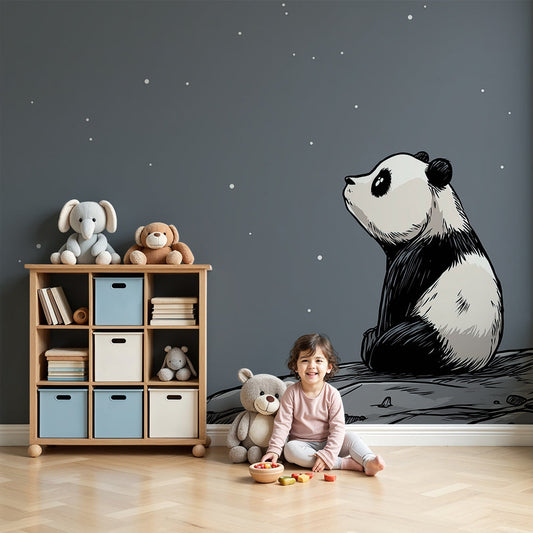Kids-Mundo panda stargazing wall mural styled above a cot in a calm grey baby nursery