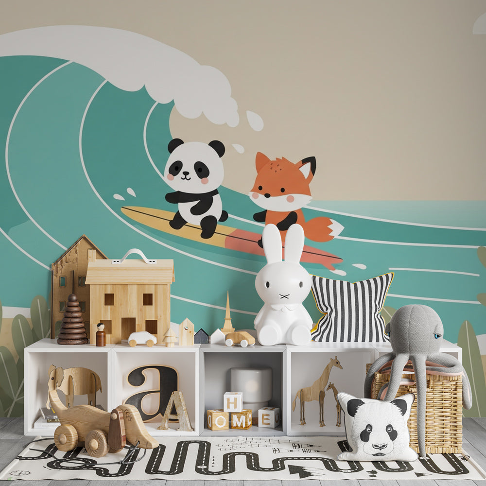 Ocean adventure mural wallpaper featuring surfing pandas in modern kids bedroom setting