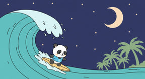 Detailed panda surfer under moonlit stars mural wallpaper design pattern by Kids-Mundo