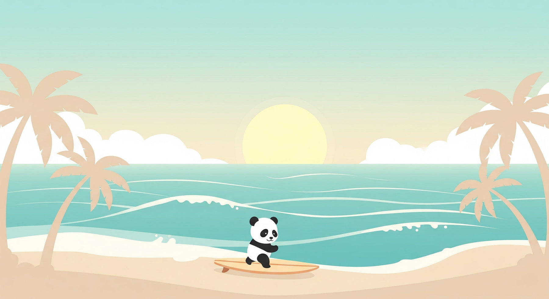 Detailed panda surfer beach mural wallpaper design pattern with ocean waves and palm trees by Kids-Mundo