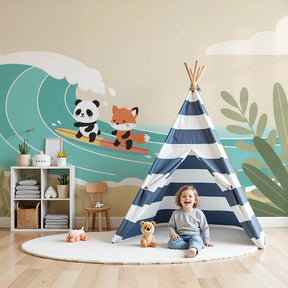 Panda surfer mural wallpaper in coastal themed nursery with ocean adventure decor by Kids-Mundo