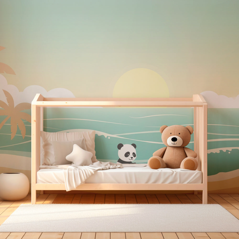 Beach theme panda wallpaper transforming nursery into tropical coastal retreat with palm trees