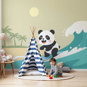 Panda surfer mural wallpaper creating tropical beach atmosphere in modern kids nursery by Kids-Mundo