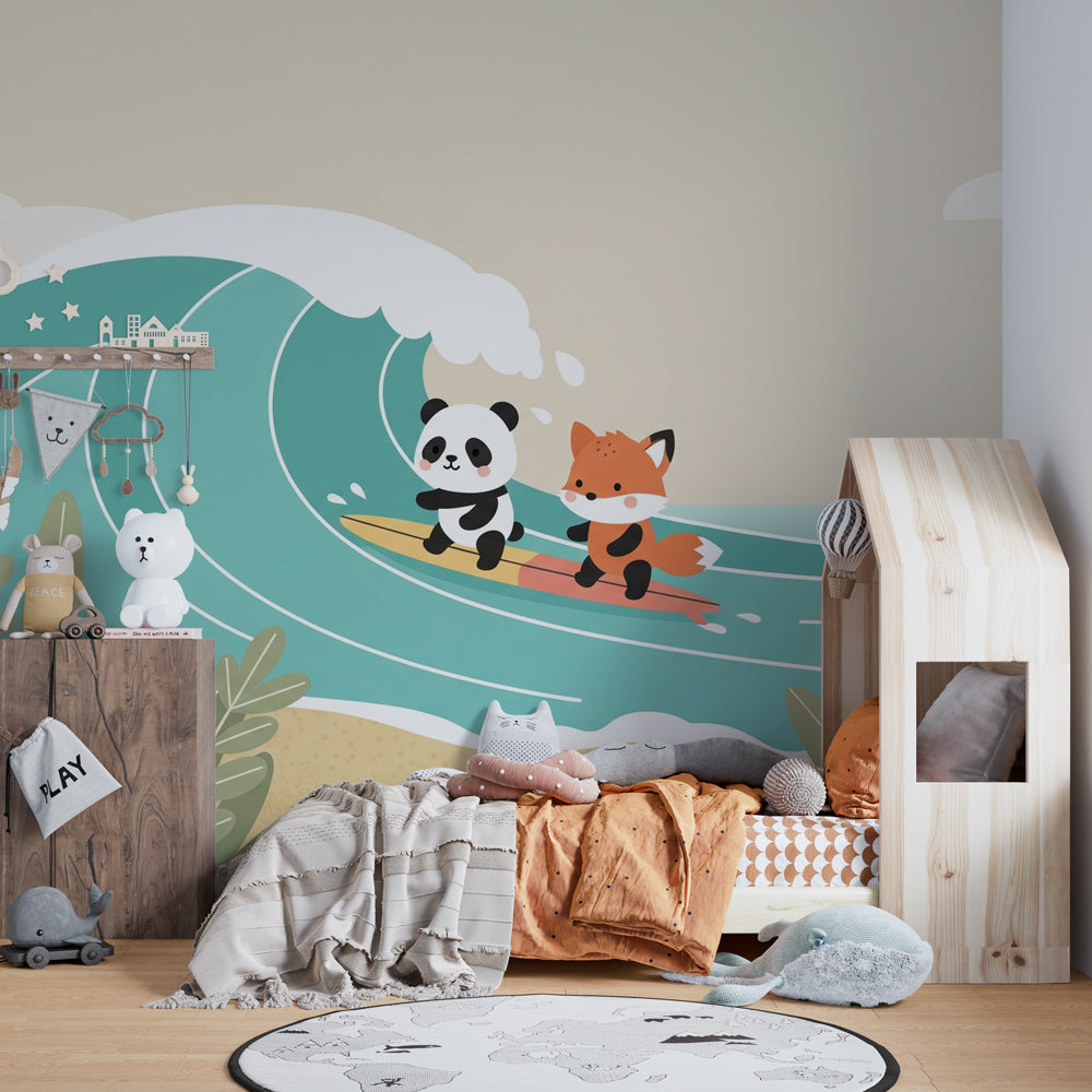 Surfing animals wallpaper creating coastal paradise atmosphere in children's playroom