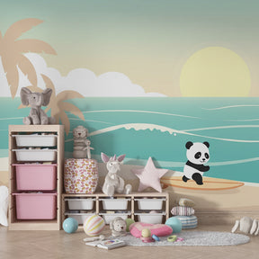 Ocean adventure panda mural wallpaper in children's playroom with surfing beach scene by Kids-Mundo