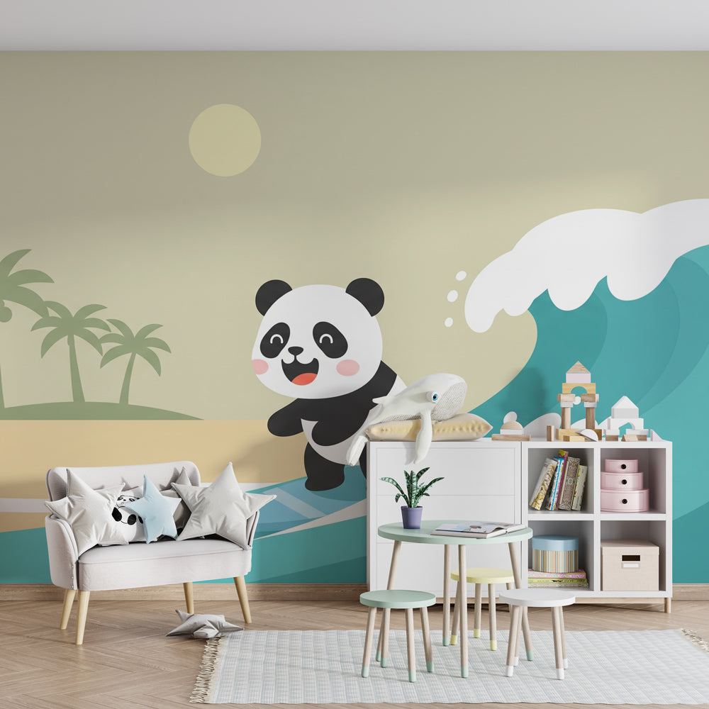 Ocean adventure mural wallpaper featuring panda surfer in colorful kids playroom setting