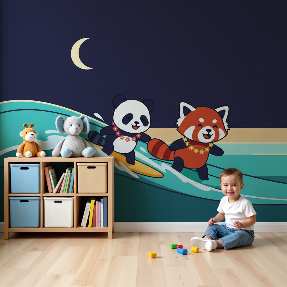 Panda surfing mural wallpaper in modern nursery with turquoise waves and starlit sky by Kids-Mundo