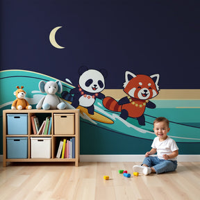 Panda surfing mural wallpaper in modern nursery with turquoise waves and starlit sky by Kids-Mundo