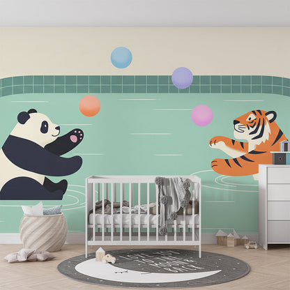 Kids-Mundo panda and tiger wall mural behind a bed in an active kids bedroom