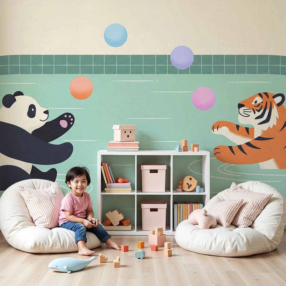 Panda and tiger pool wall mural by Kids-Mundo styled in a fresh, playful nursery