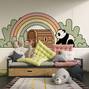Panda rainbow mural wallpaper transforming toddler playroom into adventure wonderland