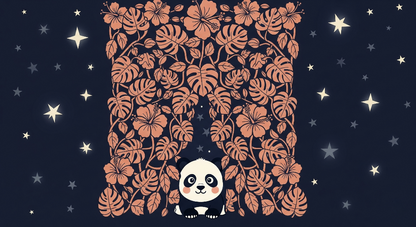 Kids-Mundo flat artwork of a panda beneath terracotta leaves on a starry navy background