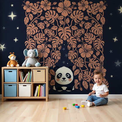 Kids-Mundo panda and starry tropical jungle wall mural styled in a soft nursery room