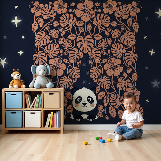 Kids-Mundo panda and starry tropical jungle wall mural styled in a soft nursery room