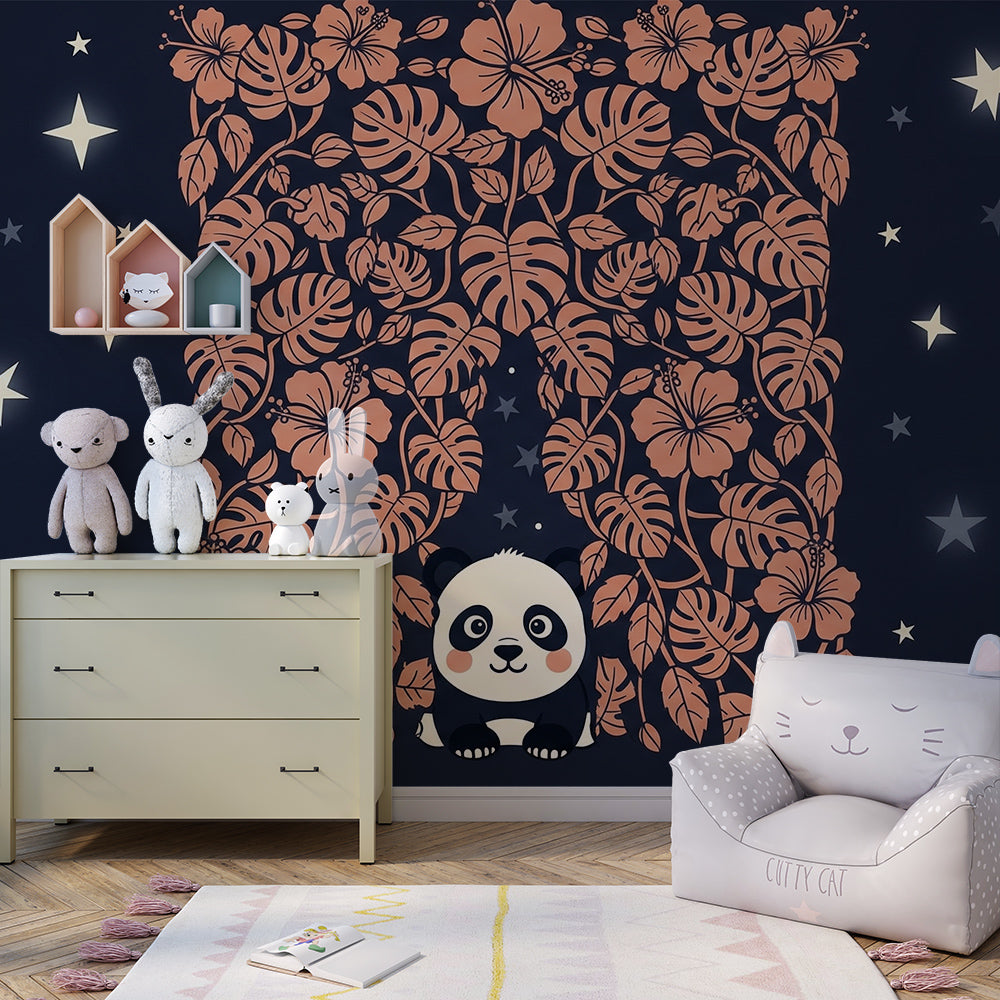 Kids-Mundo tropical panda wall mural adding night-sky charm to a kids' playroom
