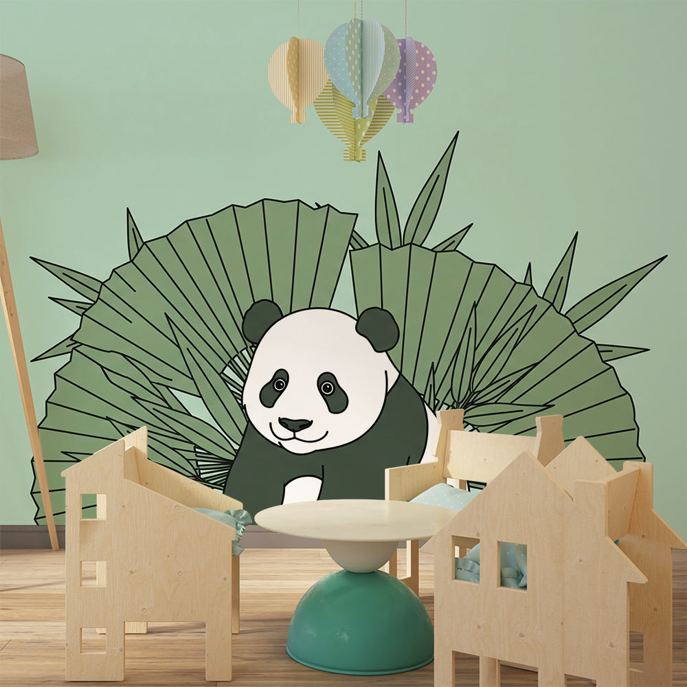 Kids-Mundo tropical panda mural brightening a playful green playroom wall