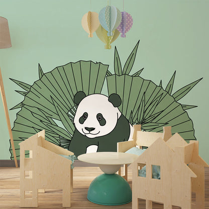 Kids-Mundo tropical panda mural brightening a playful green playroom wall