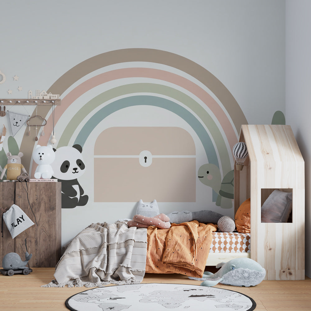 Pastel rainbow nursery wallpaper with adorable panda and turtle design for babies