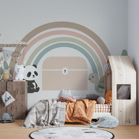 Pastel rainbow nursery wallpaper with adorable panda and turtle design for babies