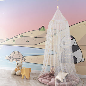 Gentle panda turtle wallpaper design in bright kids playroom by Kids-Mundo