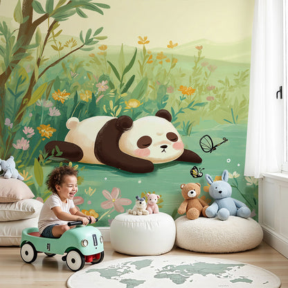 Kids-Mundo sleeping panda wall mural in a wildflower meadow styled in a nursery
