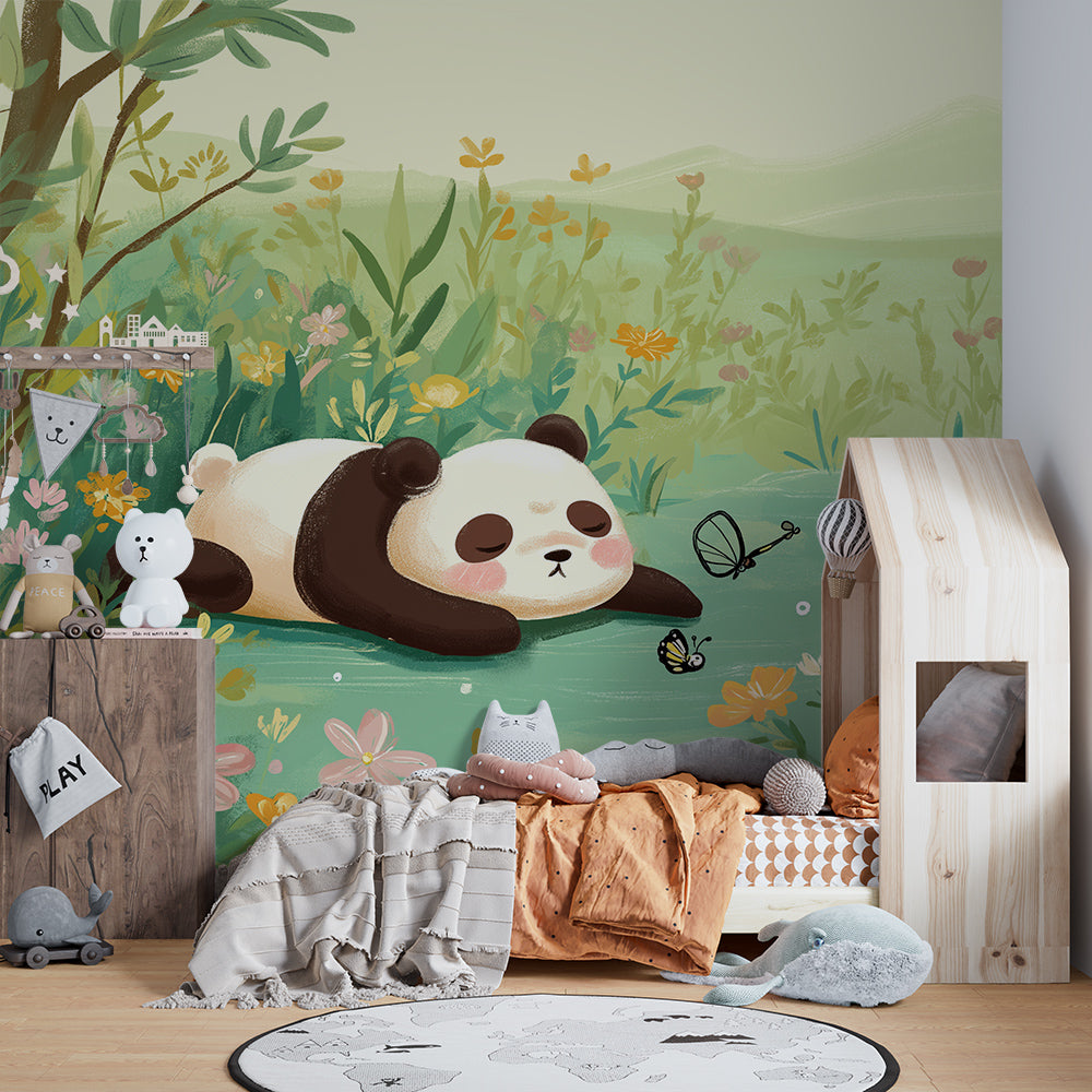 Kids-Mundo colourful wildflower panda wall mural brightening a playroom