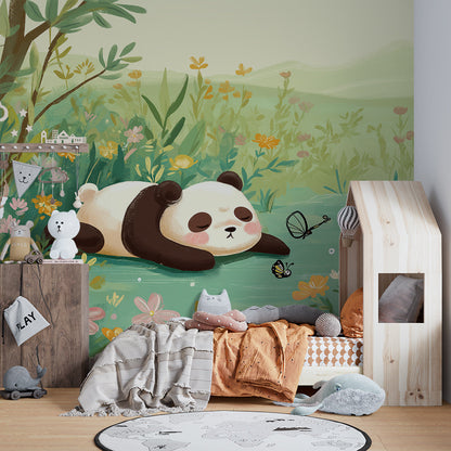 Kids-Mundo colourful wildflower panda wall mural brightening a playroom