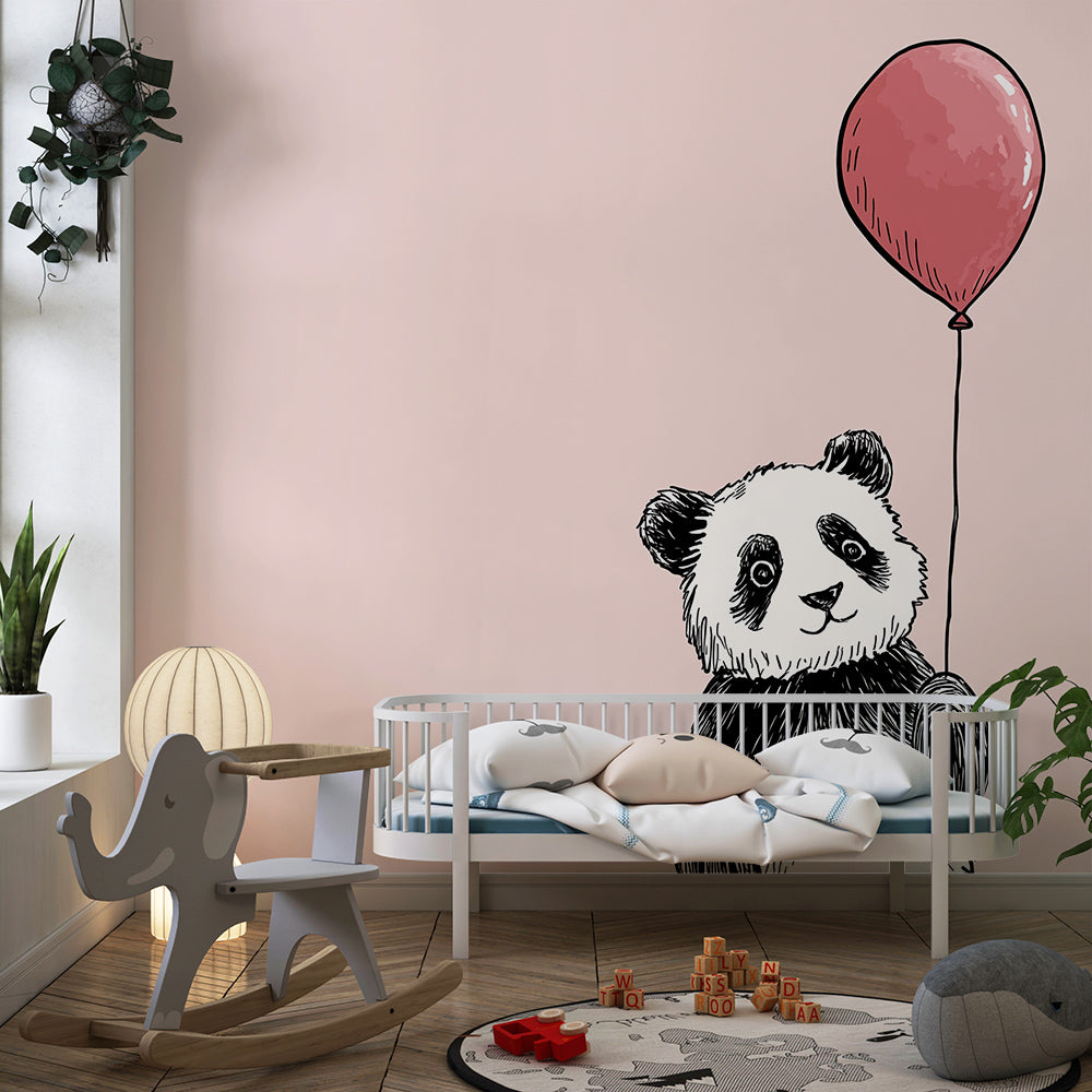 Kids-Mundo panda balloon wall mural featured on a feature wall in a kids' bedroom