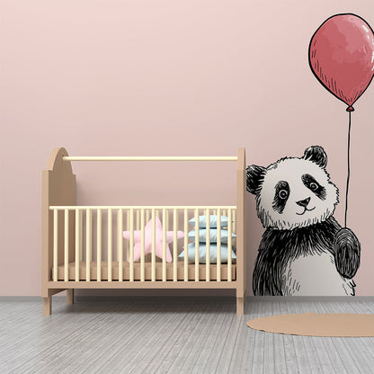 Kids-Mundo pink balloon panda wall mural brightening a children's playroom wall