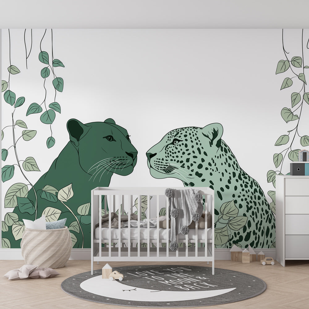 Kids-Mundo jungle cats wall mural covering a kids' bedroom wall above a single bed