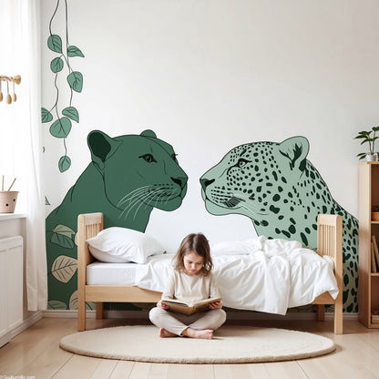 Kids-Mundo panther and leopard wall mural in a soft green nursery with a wooden cot
