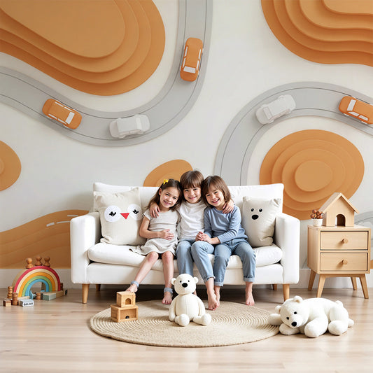 Kids-Mundo papercraft road wall mural with winding routes mounted in a nursery