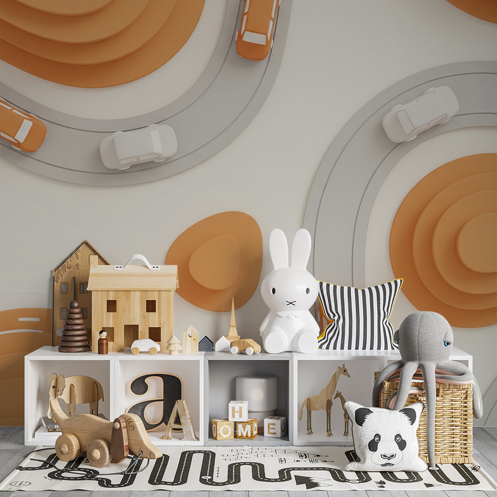 Kids-Mundo papercraft road wall mural bringing playful texture to a playroom wall