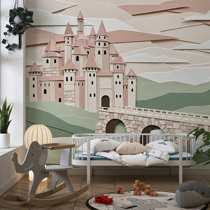 Kids-Mundo papercut castle mural on a feature wall in a child's bedroom with warm pink tones.
