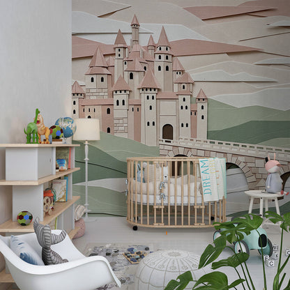Kids-Mundo papercut castle and bridge wall mural brightening a playful children's playroom wall.