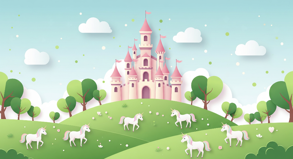 Kids-Mundo flat artwork of a layered paper-cut castle on green hills with grazing unicorns