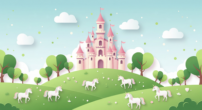 Kids-Mundo flat artwork of a layered paper-cut castle on green hills with grazing unicorns