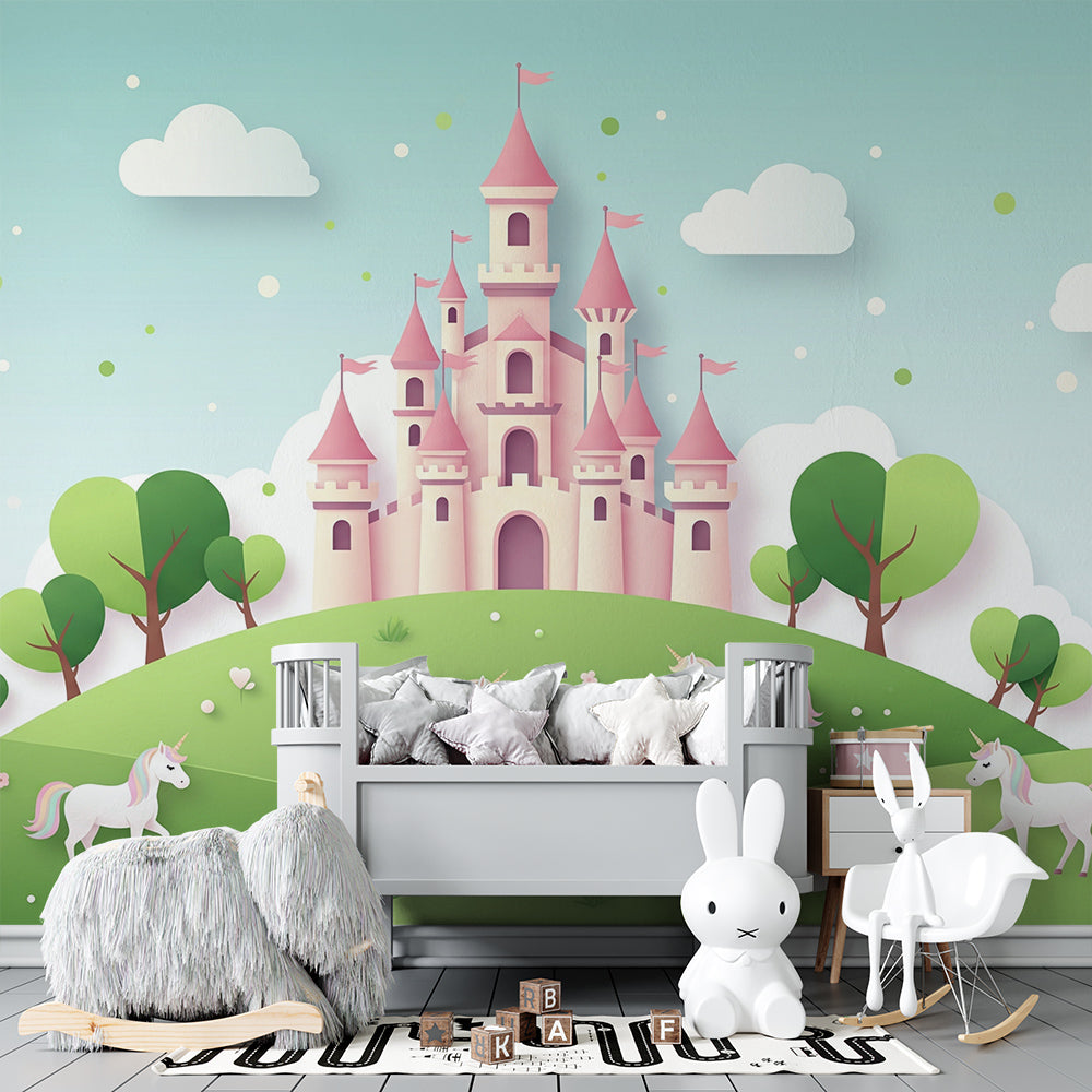 Kids-Mundo paper-cut unicorn castle mural adding gentle colour to a children's playroom wall
