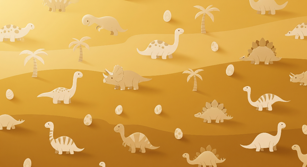 Flat artwork of the Kids-Mundo paper-cut dinosaur and egg desert wall mural design
