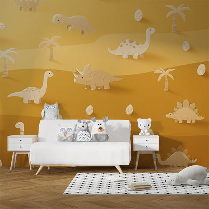 Kids-Mundo paper-cut dinosaur mural covering a playroom wall with soft flooring