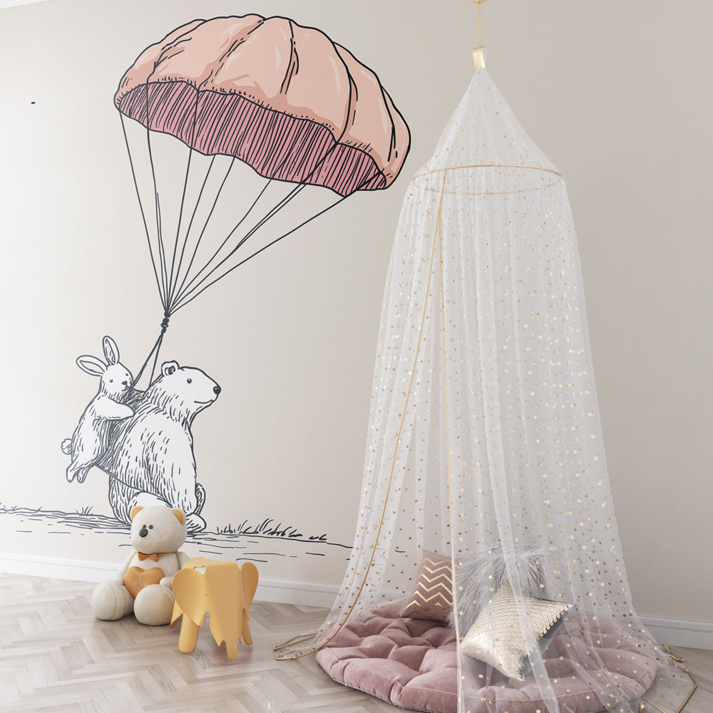 Pastel animal mural wallpaper transforming toddler room with adventure theme