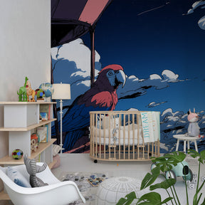 Parrot adventure sky mural wallpaper creating whimsical children's bedroom atmosphere