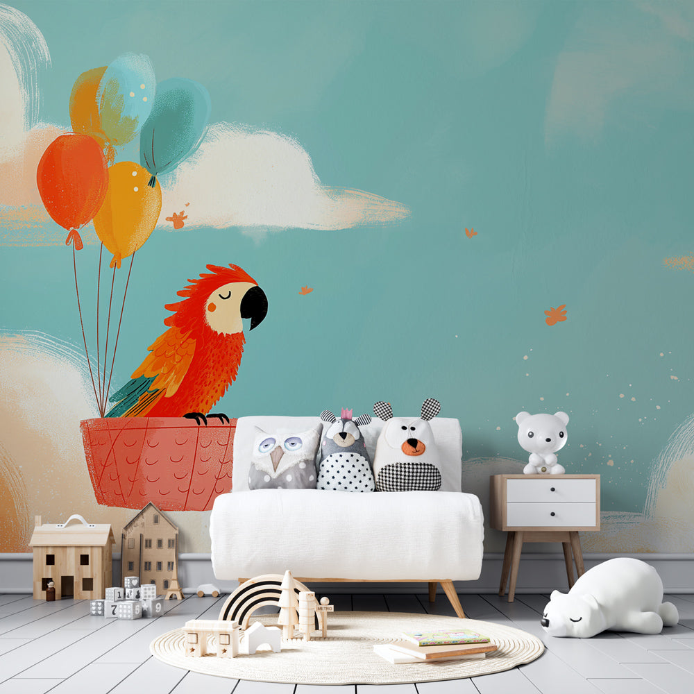 Dreamy cloud parrot mural wallpaper transforming toddler room into adventure zone
