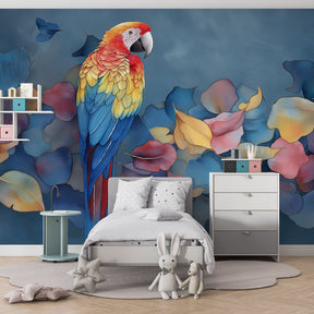 Vibrant bird wallpaper creating tropical atmosphere in children's bedroom
