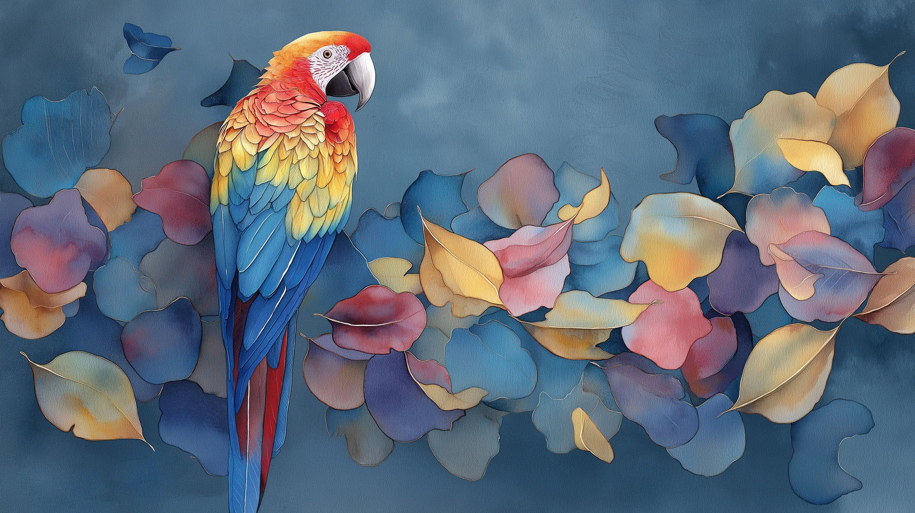 Detailed parrot and autumn leaves mural wallpaper design pattern by Kids-Mundo
