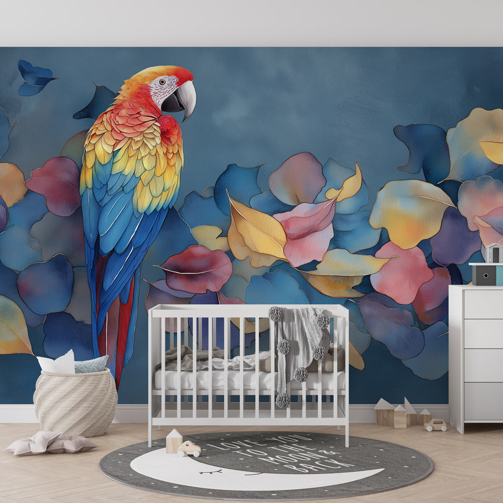 Tropical parrot wallpaper inspiring adventure and creativity in kids playroom