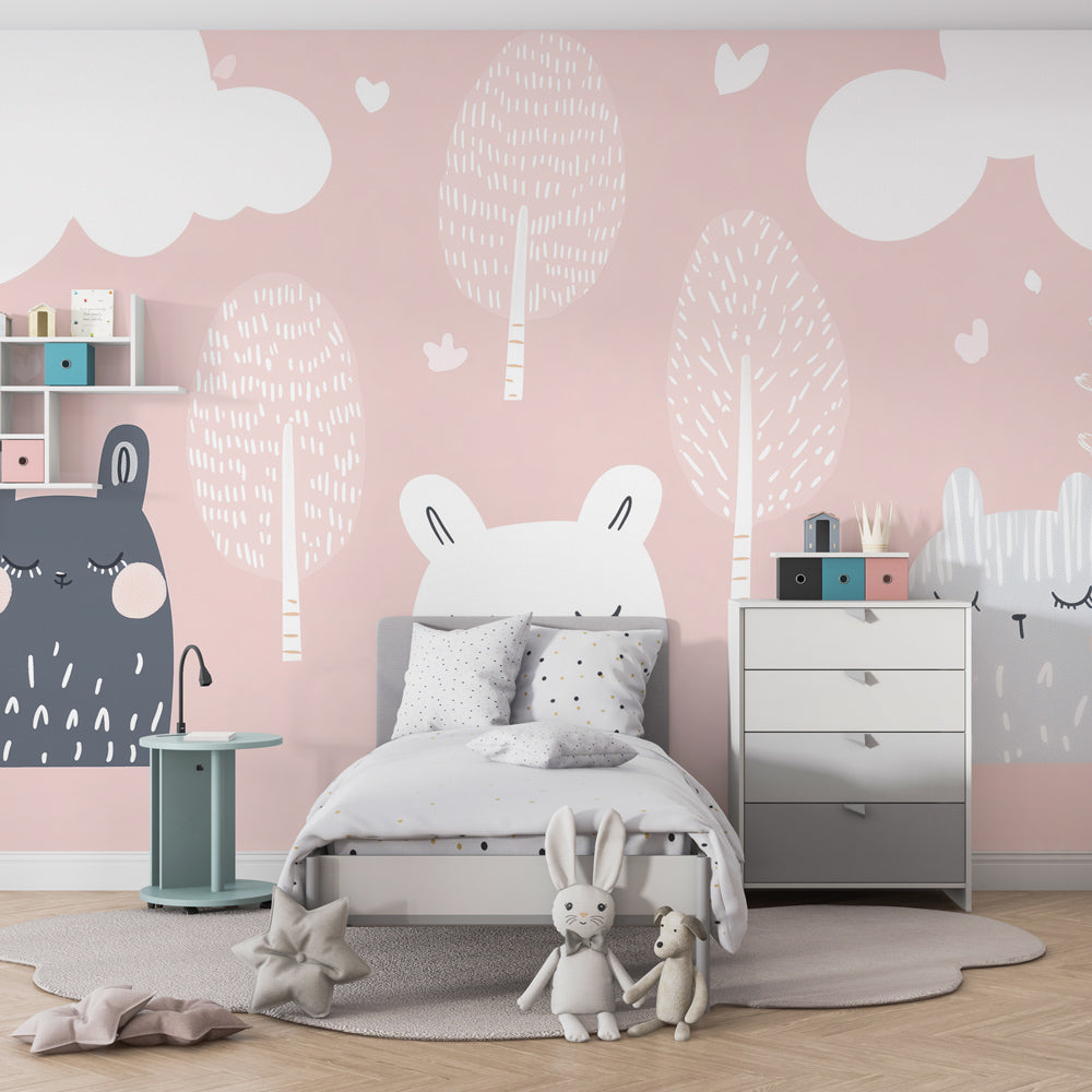 Baby nursery featuring pastel forest animals wallpaper with crib and peaceful woodland decor by Kids-Mundo